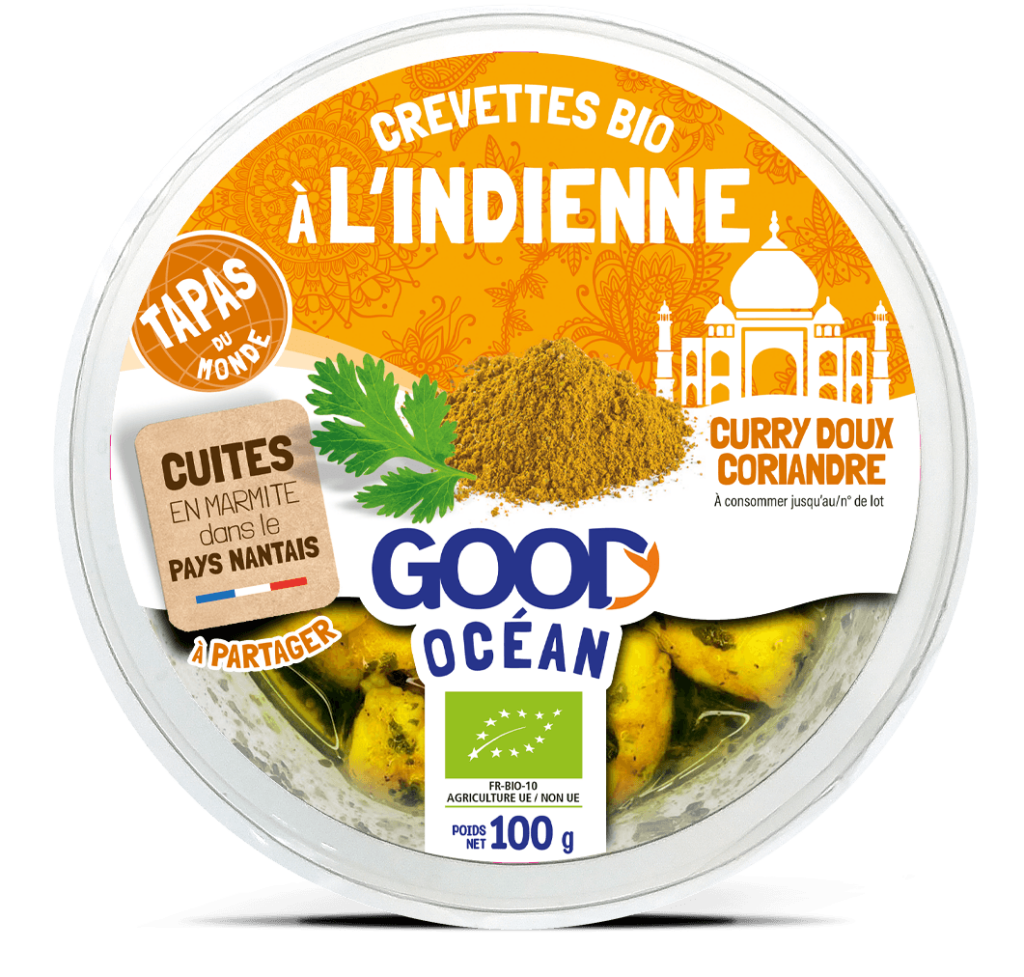 Packaging Tapas du MONDE L'INDIENNE - Crevettes bio sauce curry doux coriandre douce Good Océan -BIO-100 g - 2025