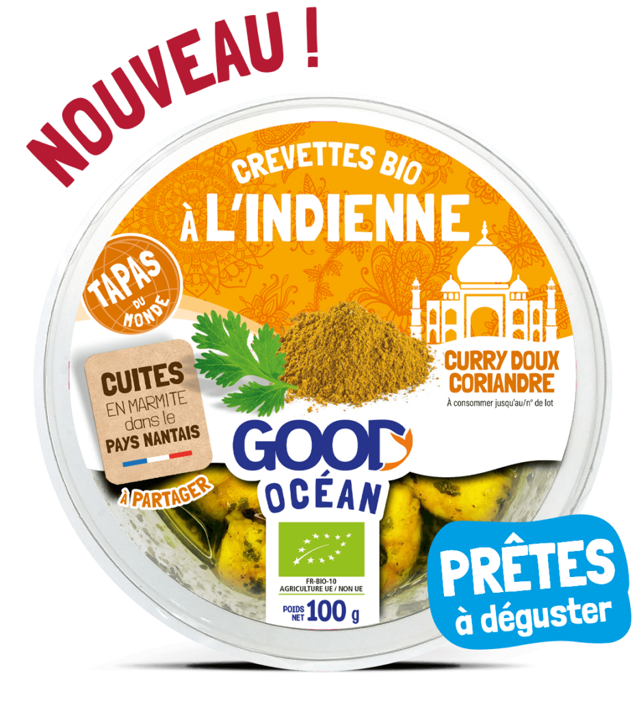 Packaging Tapas du MONDE L'INDIENNE - Crevettes bio sauce curry doux coriandre douce Good Océan -BIO-100 g - 2025